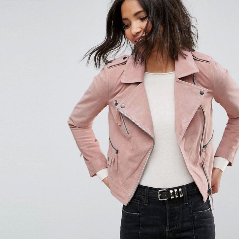 ASOS Pink Suede Biker Jacket in Dusty Pink